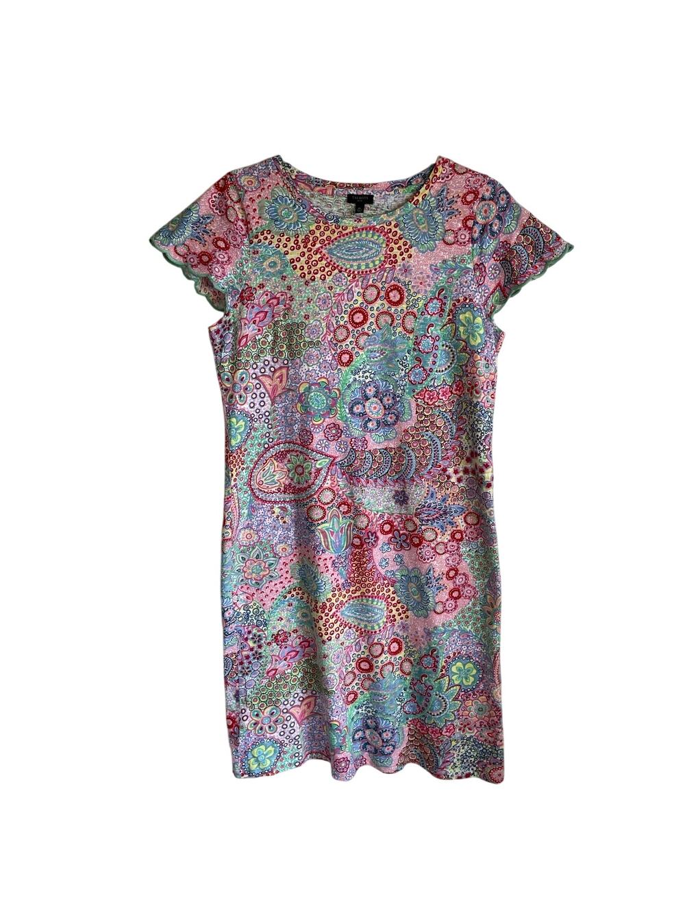 Talbots Petite Paisley Shift Dress Sz MP Scalloped Cap Sleeves Cotton Preppy